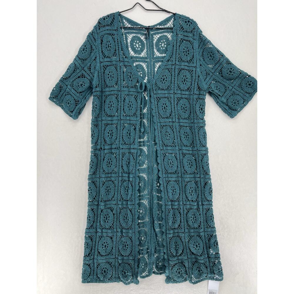 Modena Crochet Duster Cardigan One Size Teal Boho Swim Cover Up Festival